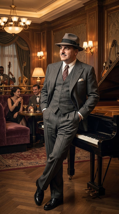 Al Capone Men’s Charcoal Gray Stripe 3-Piece Gangster Style Suit – 1920s Jazz Club Inspired Formal Suit Outfit