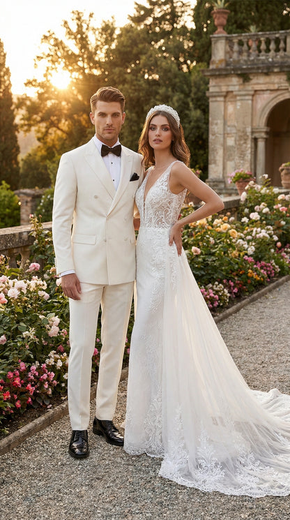 Men’s ivory Cream Double Breasted Suit – Classic Formal Tuxedo Style Suit for Weddings off White Color