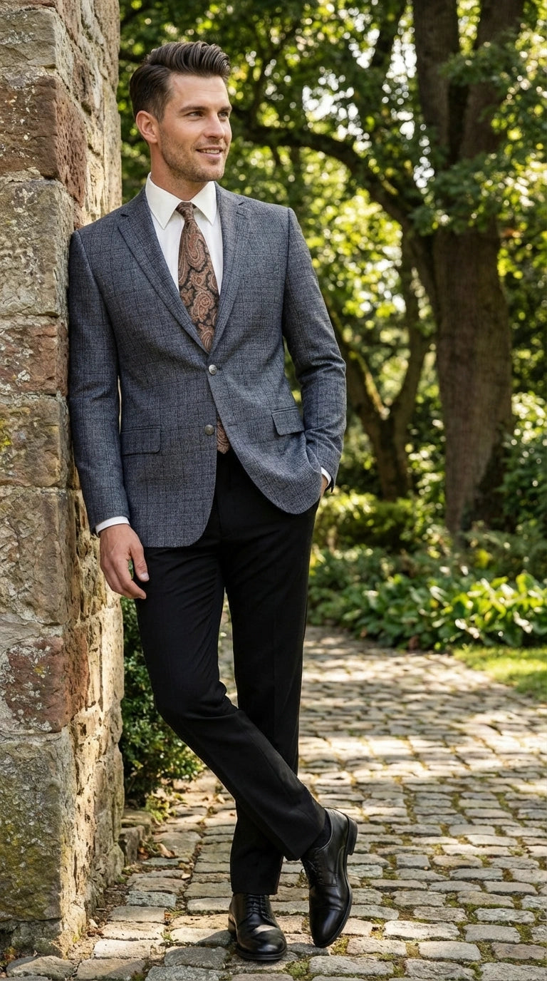 Men’s Charcoal Gray Windowpane Check Blazer – Classic Two Button Formal Sport Coat Jacket