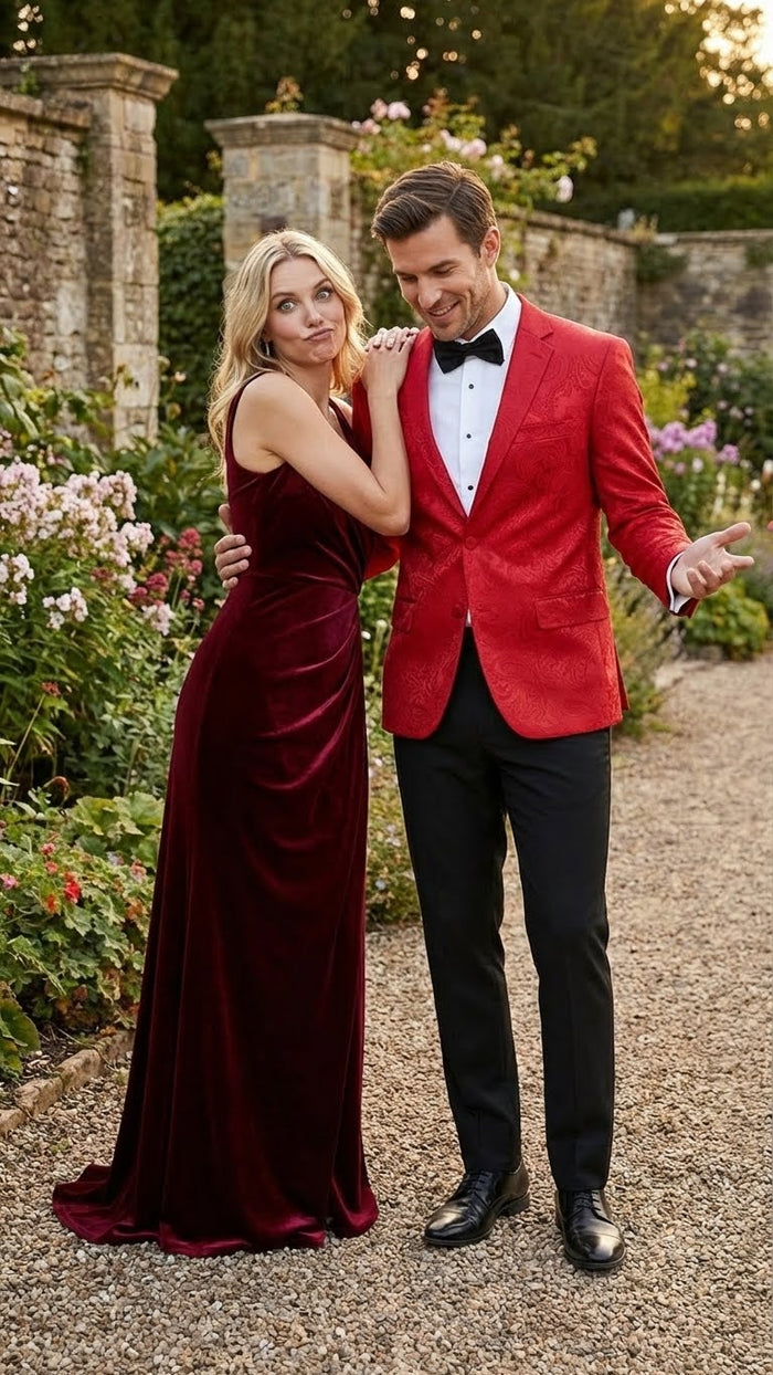 Men’s Red Paisley Velvet Blazer - Christmas new year Sport Coat Jacket - Prom 2026 Collection