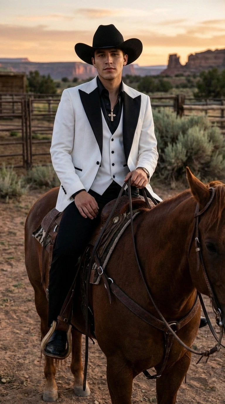 Men’s White Cowboy Tuxedo with Black Satin Lapel – Western Formal Suit with Matching Vest