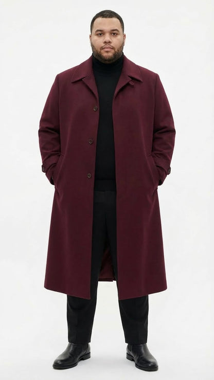 Men’s Full-Length Burgundy Overcoat – Microfiber 4 season fabric  Long Formal Coat with Classic Tailored Maxi Duster Coat