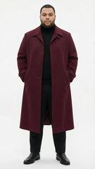 Men’s Full-Length Burgundy Overcoat – Microfiber 4 season fabric  Long Formal Coat with Classic Tailored Maxi Duster Coat