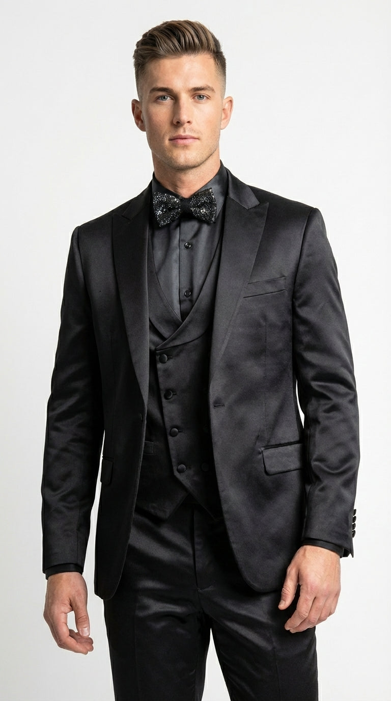Men’s All Shiny Black Satin Suit – Black Satin Tuxedo Suit for Prom, Wedding, Formal Party and Evening Events Double breasted Vest