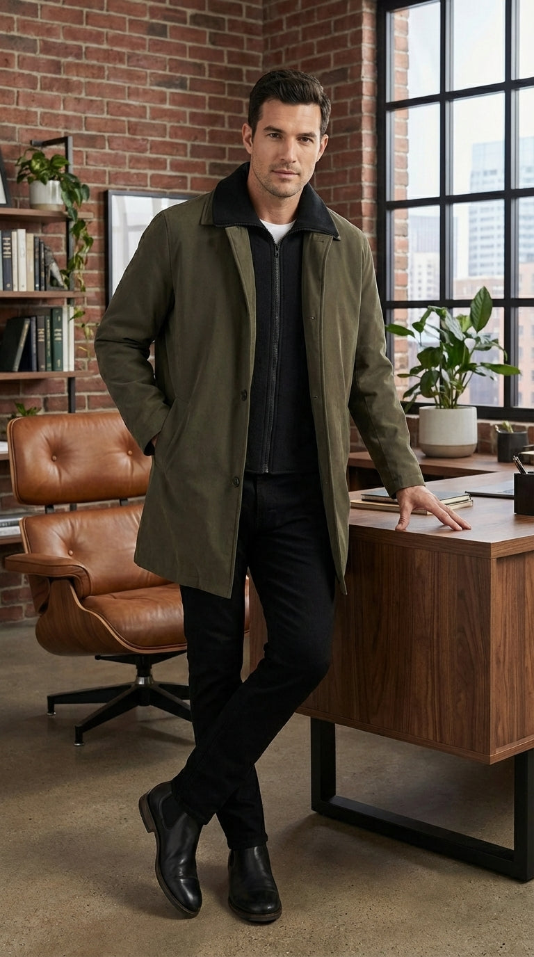 Mens Olive Brown Trench Coat Raincoat – Classic Water Resistant Long Coat with Zip and Button Closure for Business, Travel and Everyday Outerwear