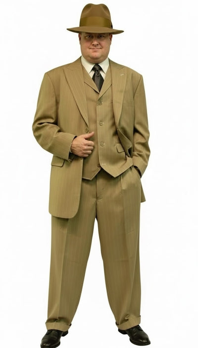 Mens Tan Pinstripe Three Button Suit – 1920s Gangster Vintage 3-Piece Suit with Wide-Leg Pants and Fedora Style in Beige Color 7   - from alligatorwarehouse.com