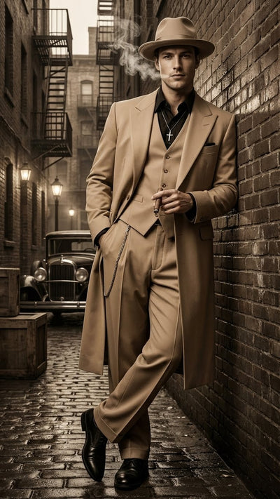 Men’s 1920s Beige Zoot Suit – Long Mafia Gangster Three-Piece Suit in Tan Khaki Color 40 inch Zuit Pachuco Suit 7   - from alligatorwarehouse.com