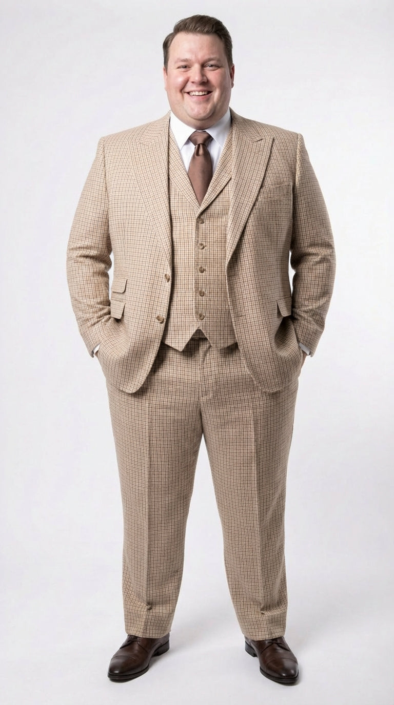 Men’s Beige tan Checkered Three Piece Suit with Classic Fit Wide Leg Pleated Pants by Rossiman khaki color