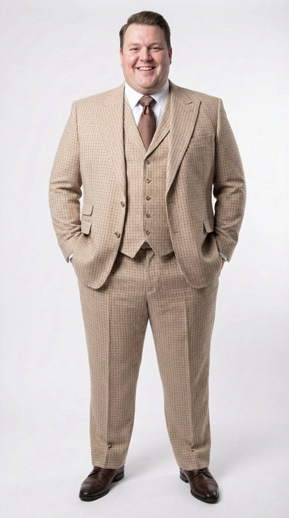 Men’s Beige tan Checkered Three Piece Suit with Classic Fit Wide Leg Pleated Pants by Rossiman khaki color