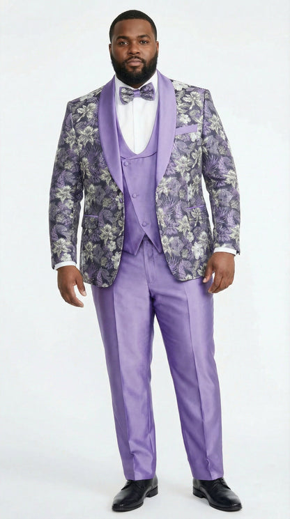 Men’s Purple Floral Prom Suit with Shawl Lapel – Luxury Formal Tuxedo Outfit for Prom, Wedding and Special Events
