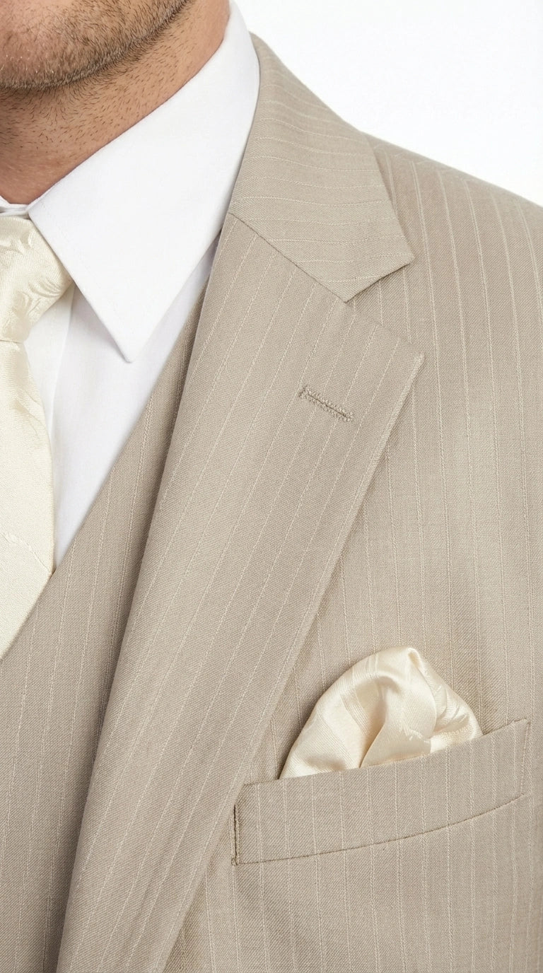 Men’s Tan Pinstripe Three Piece Suit – Classic Fit Pleated Pants  Tan Sand Beige Wedding, Church Shadow Ton on Tone  Business Suit for Men