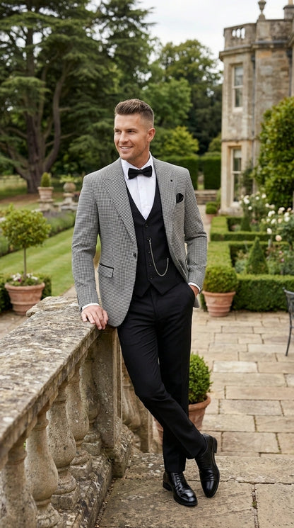 Men’s Black and White Houndstooth Gatsby Inspired Suit – Vintage Style Formal Suit for Wedding, Prom and Classic Events Blazer + Black vest + Black Pants
