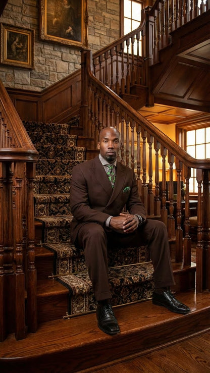 Men’s 6 on 3 Style Brown Double Breasted Suit with Wide Leg Pleated Pants, Classic Formal 2 Piece Dress Suit Set