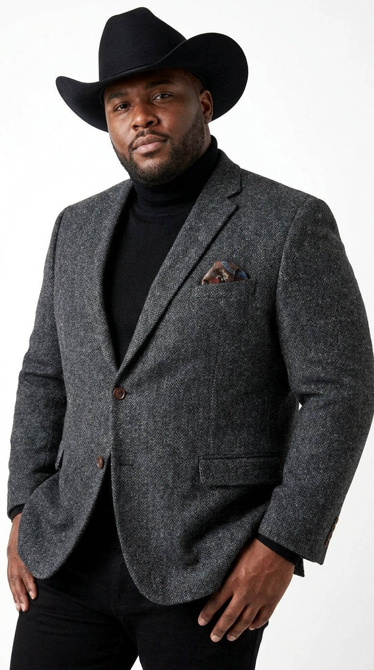 Men’s Charcoal Grey Herringbone Western Winter Blazer – Cowboy Sport Coat Jacket