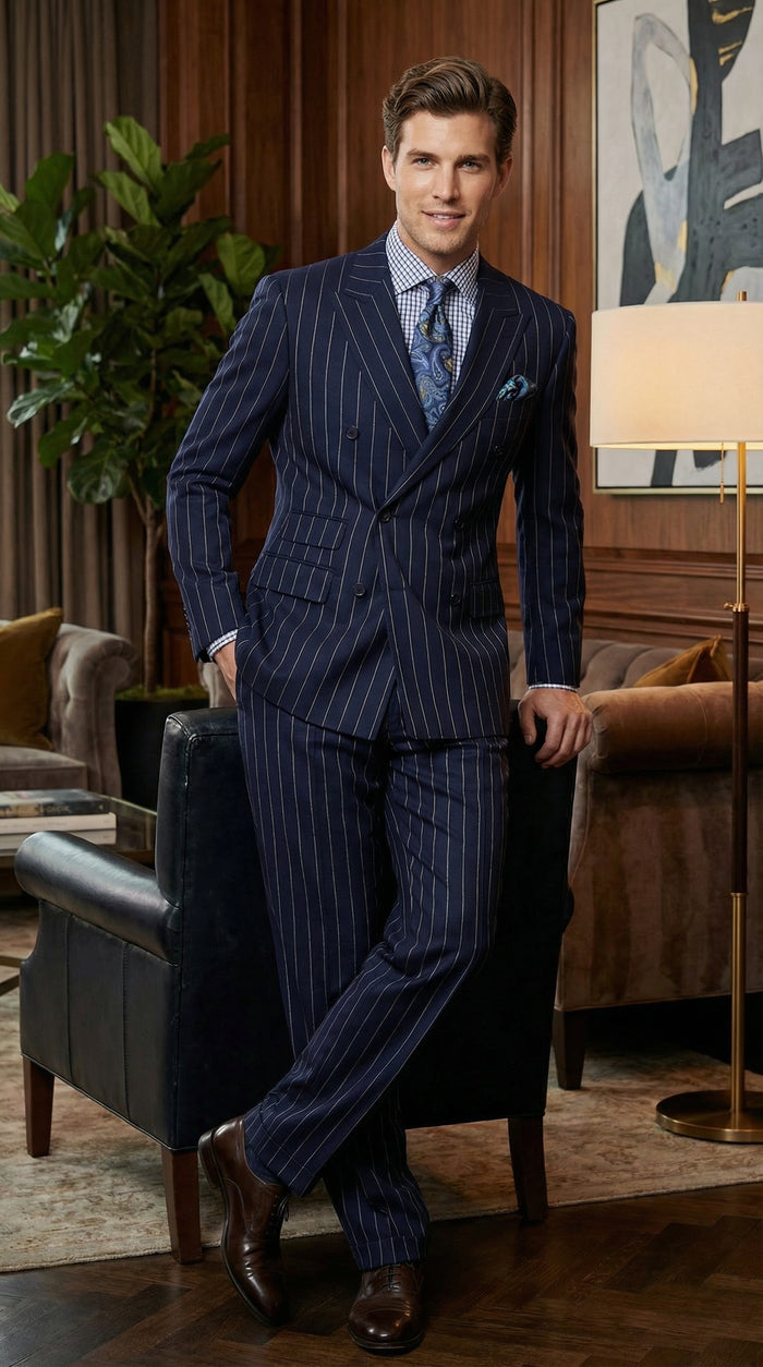 Men's Navy Blue Double Breasted Pinstripe Suit – Modern Fit