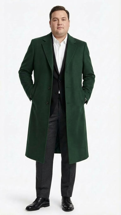 Men’s Hunter Green Full-Length Wool Overcoat – Classic Winter Dress Coat for Formal and Casual Wear Topcoat Mens Wintercoat