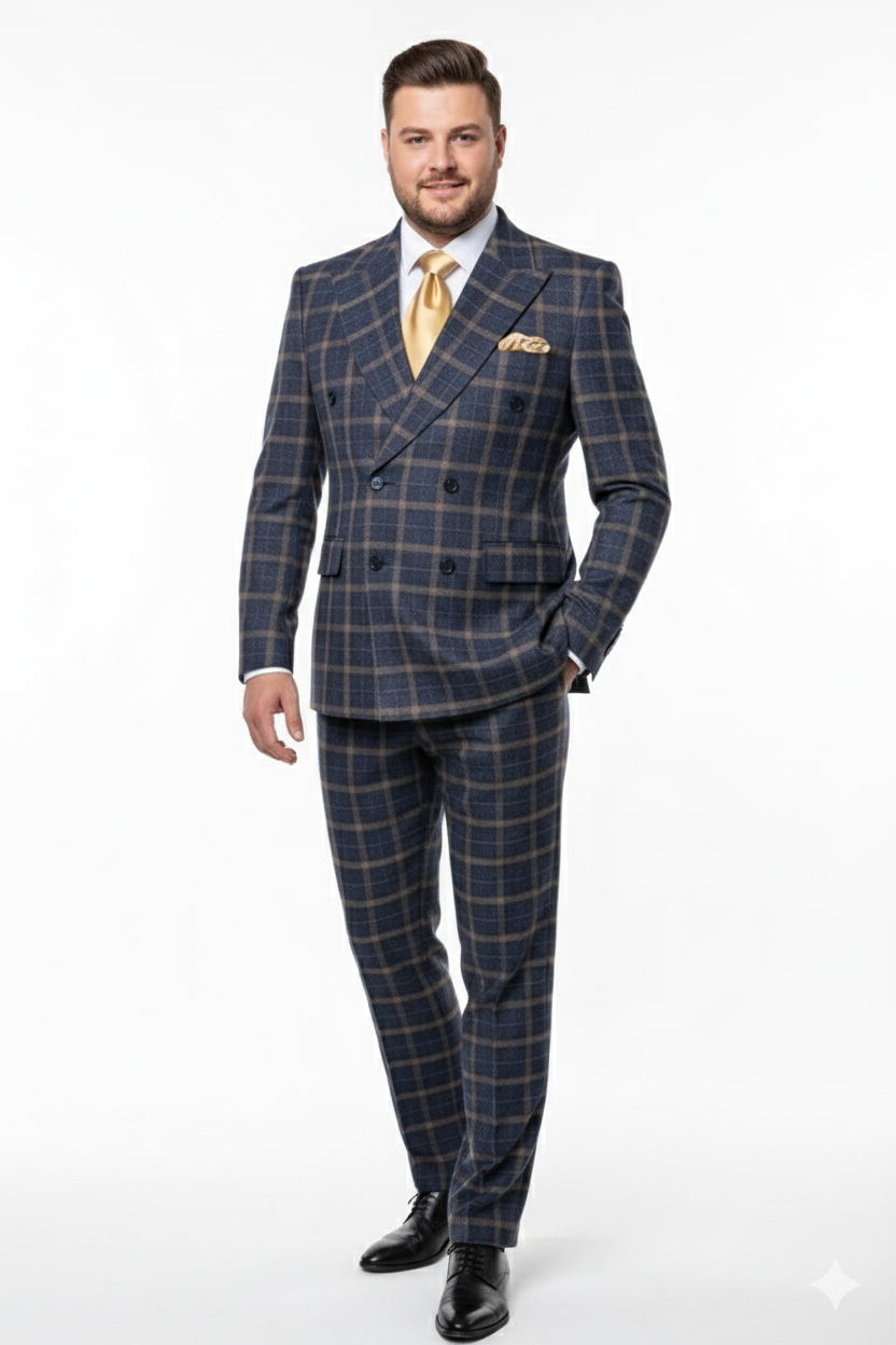 Men’s Navy and Tan Windowpane Double-Breasted Suit | Classic 2-Piece Plaid Dress Suit, Business, and Formal Events By Rossiman