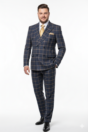 Men’s Navy and Tan Windowpane Double-Breasted Suit | Classic 2-Piece Plaid Dress Suit, Business, and Formal Events By Rossiman