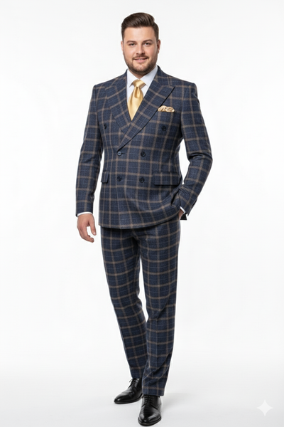 Men’s Navy and Tan Windowpane Double-Breasted Suit | Classic 2-Piece Plaid Dress Suit, Business, and Formal Events By Rossiman 2   - from alligatorwarehouse.com