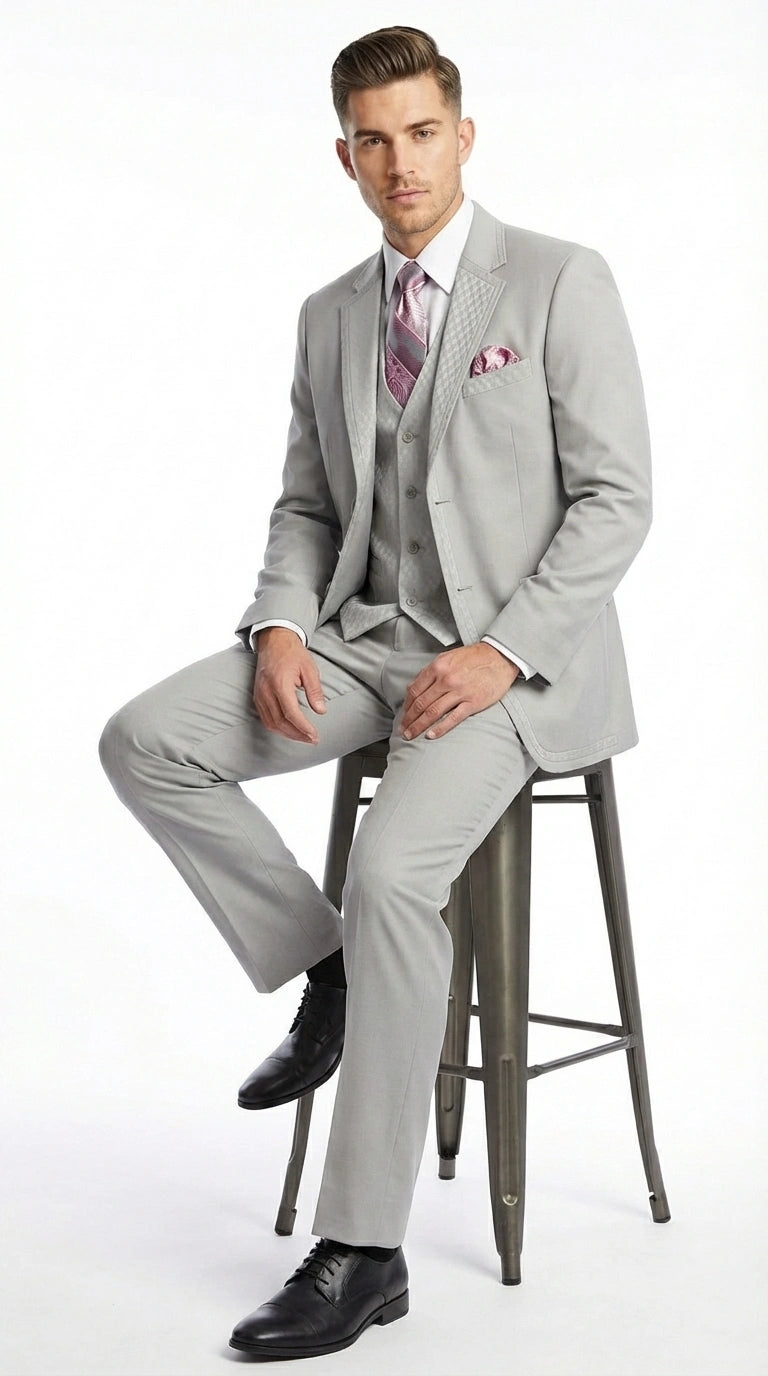 Men’s Light Gray 3 Piece Suit – Ice Silver Gray Formal Suit Set with Vest, Patterned Lapel and Tie for Wedding, Prom and Business Events