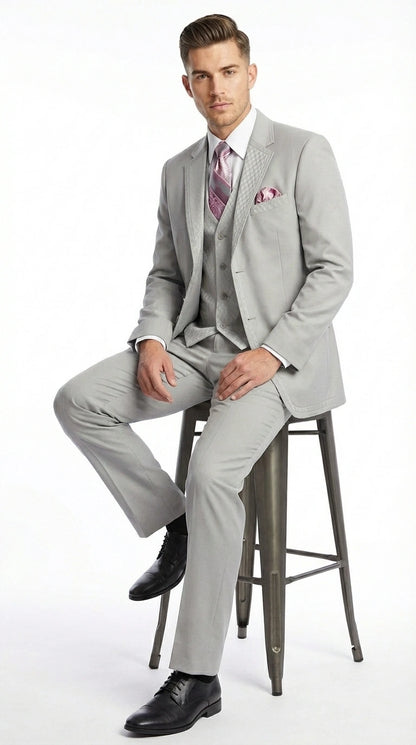 Men’s Light Gray 3 Piece Suit – Ice Silver Gray Formal Suit Set with Vest, Patterned Lapel and Tie for Wedding, Prom and Business Events