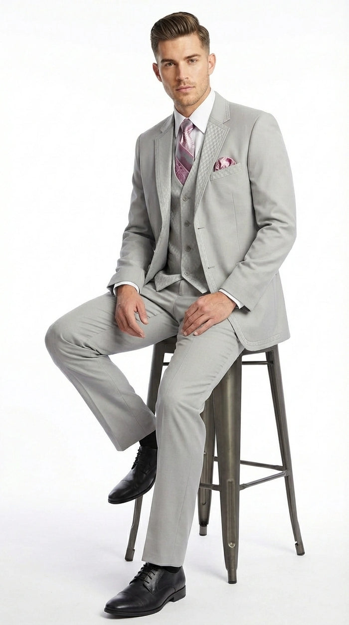 Men’s Light Gray 3 Piece Suit – Ice Silver Gray Formal Suit Set with Vest, Patterned Lapel and Tie for Wedding, Prom and Business Events