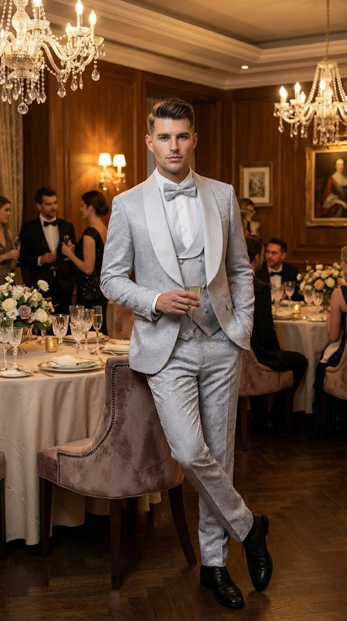 Mens Light Silver Wedding Tuxedo Suit – Paisley Fabric Three Piece Formal Suit Set with Shawl Lapel for Groom, Prom, Gala and ice Grey