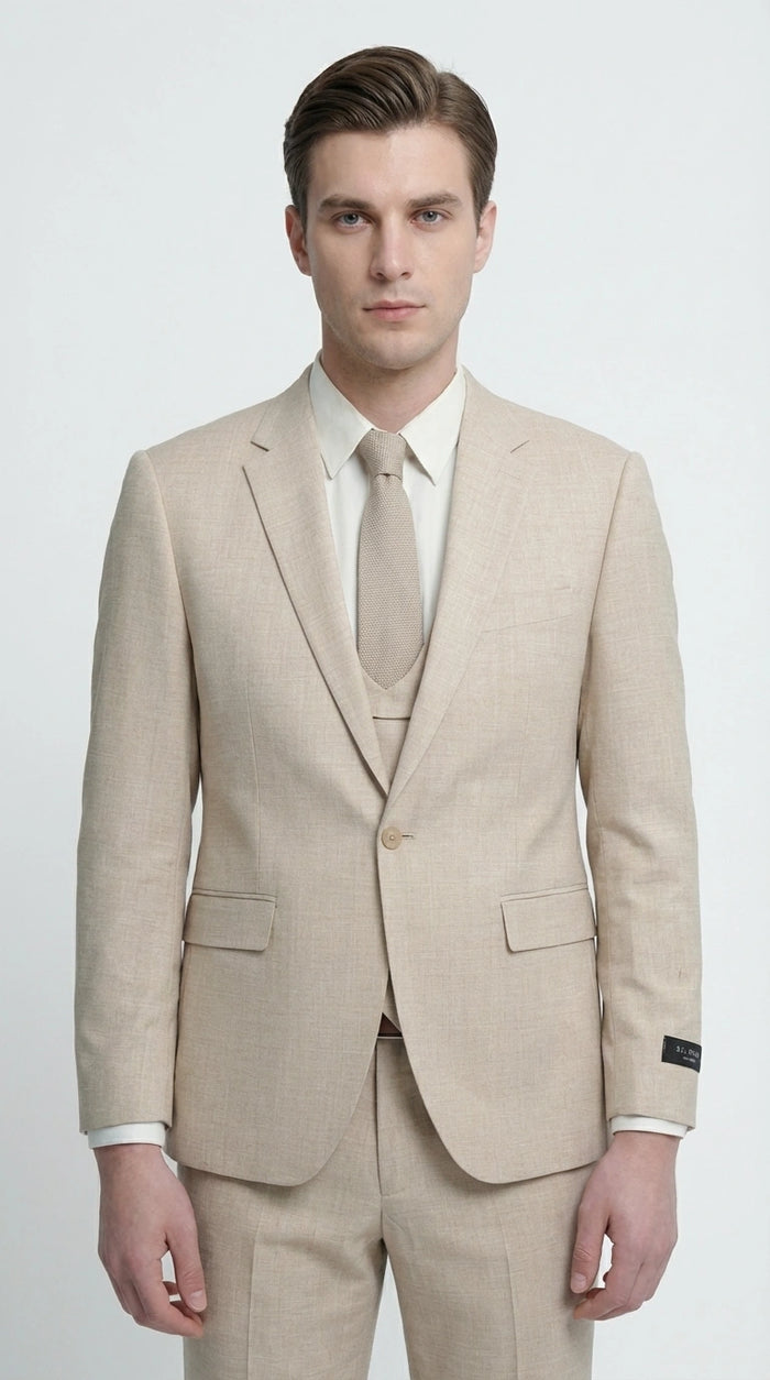 Mens Sand Beige 3 Piece Suit – Double breasted Vest Formal Suit Set  and Dress Pants in Champaign Natural Summer Color