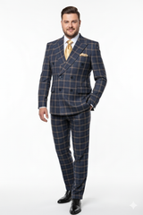 Men’s Navy and Tan Windowpane Double-Breasted Suit | Classic 2-Piece Plaid Dress Suit, Business, and Formal Events By Rossiman