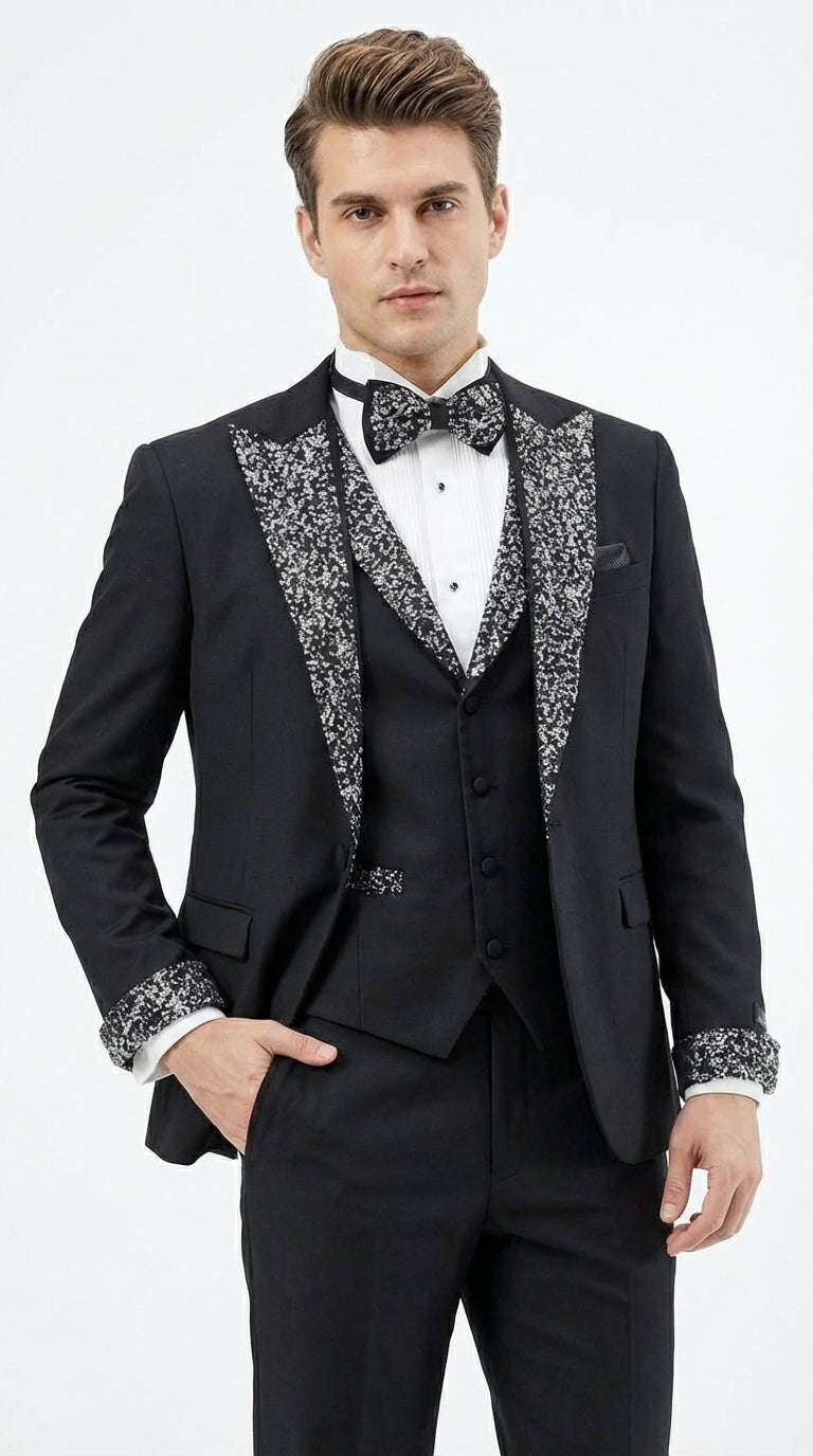 Mens Black and White Lapel Tuxedo Suit – Black Formal Tuxedo with White Pattern Lapel for Wedding, Prom and Evening Events