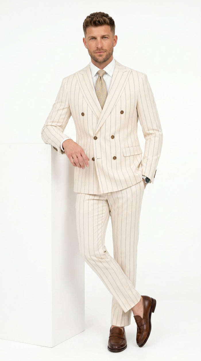 Men’s Cream Off White Pinstripe Pinstripe 2 Piece Double Breasted Suit, Summer Wedding Ivory Color By Vitali