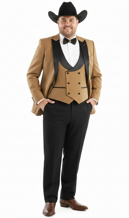 Men’s Western Cowboy Tuxedo – Tan and Black 3-Piece Suit with Satin Lapel and Vest in Mocca Coffee Color
