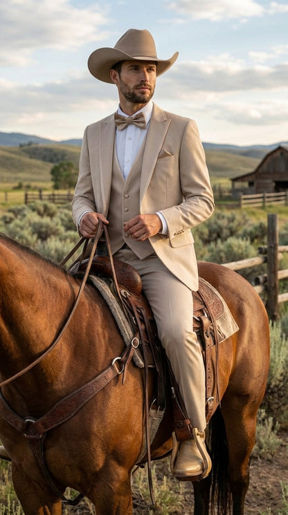 Mens Beige Tan Khaki CowboyTuxedo Suit – Western Formal Three Piece Suit with Jacket Vest and Pants