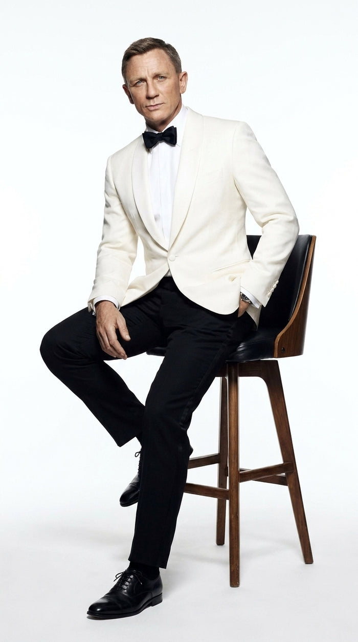 Men’s James Bond Style Ivory Dinner Jacket, White Tuxedo Blazer for Wedding, Prom and Black Tie Events