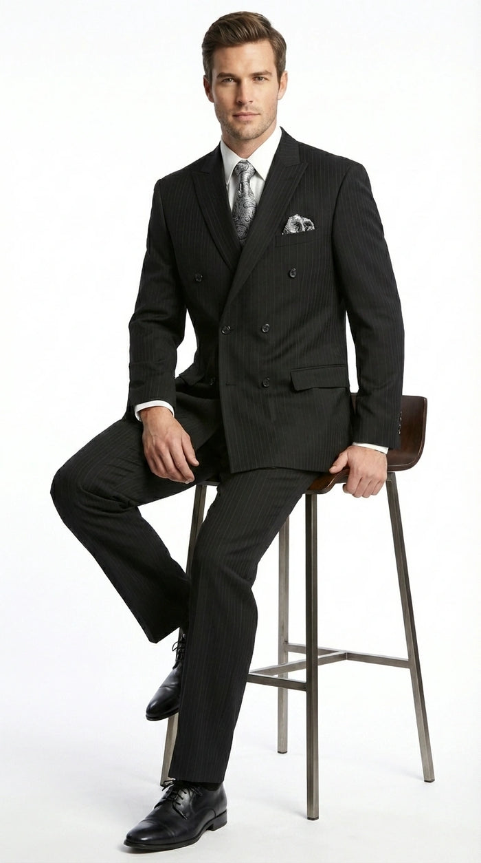 Men’s Black Pinstripe Double Breasted Suit – Peak Lapel Classic Fit Formal Business Conservative settle stripe