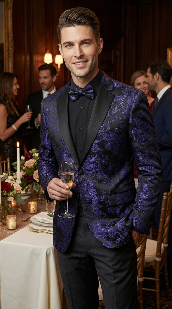 Mens Royal Blue Paisley Jacquard Blazer – Luxury Pattern Tuxedo Dinner Jacket with Black Satin Lapel for Wedding, Prom With Bowtie