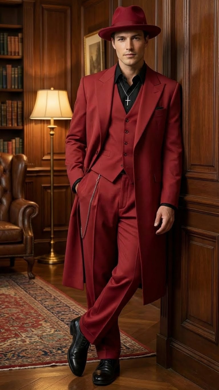 Men’s 1920s Red Zoot Suit – Long Mafia Gangster Three-Piece Vintage Outfit Zuit Pachuco Style