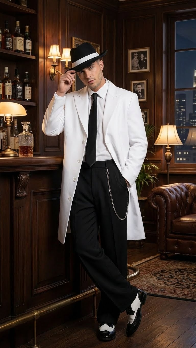 Men’s White Zoot Suit Gangster Style Outfit –  White Jacket + Vest + Pants + Shirt & Tie  Combo Package