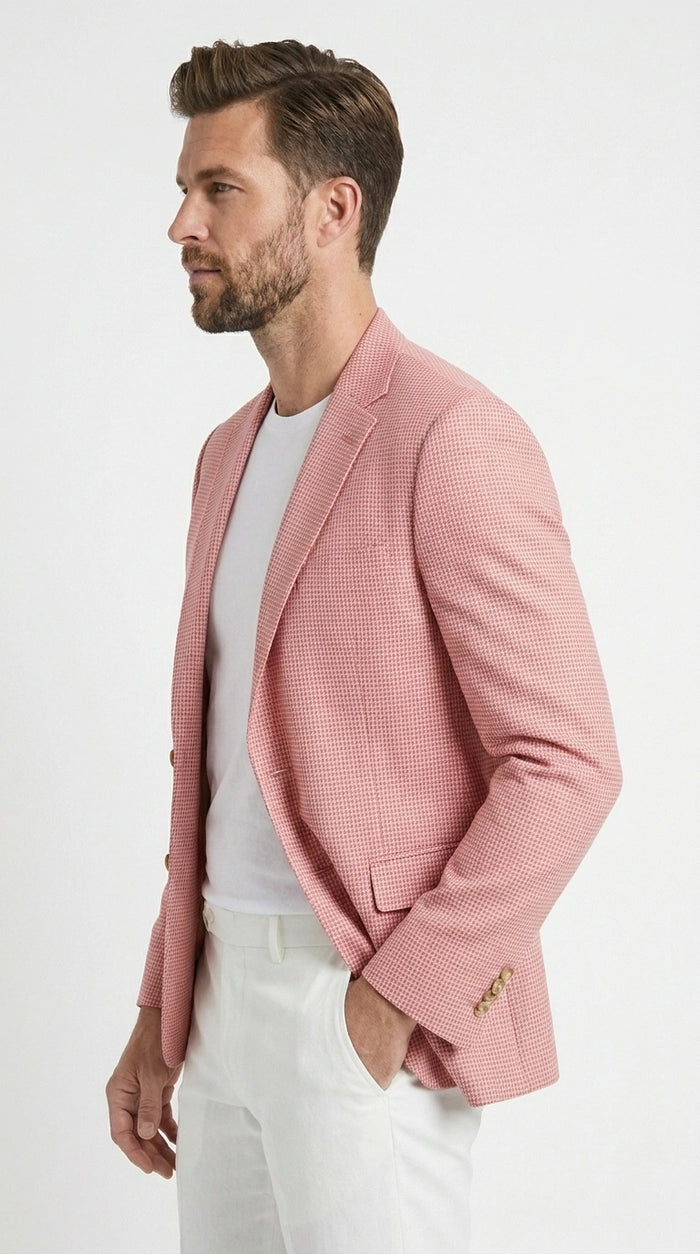 Men’s Red and white Houndstooth Summer Blazer, Lightweight Check Sport Coat for Weddings, Prom, Parties