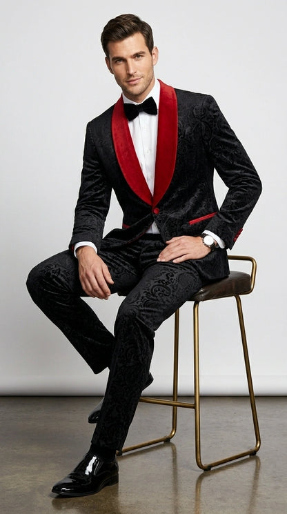 Men’s Black Paisley 2 Piece Suit with Red Shawl Lapel, Formal Wedding Prom Party Suit Set