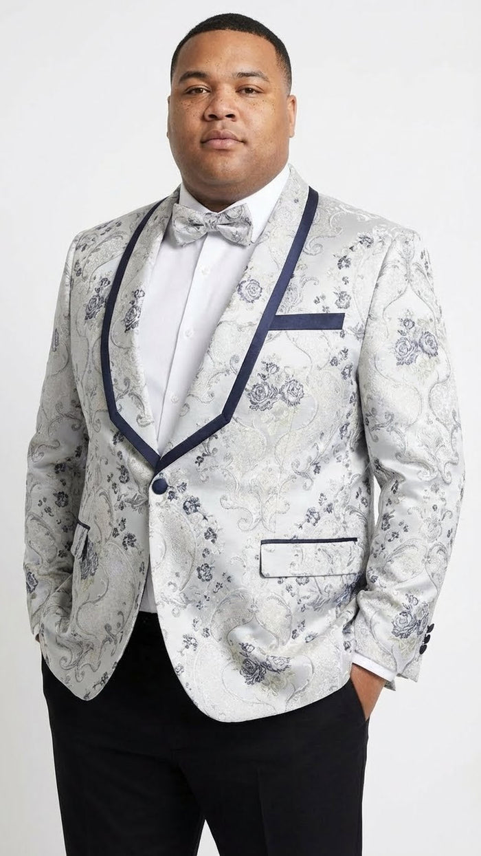 Men’s White and Navy Blue Lapel  Floral Jacquard Blazer with Contrast Shawl Lapel – Luxury Wedding and Party Wear Jacket paisley Tuxedo Navy Pants