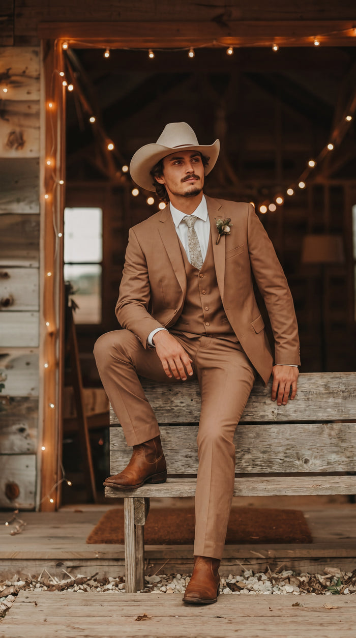 Mens Camel Brown Copper Western 3 Piece Suit – Classic Country Style Blazer Vest Pants Set, Formal Cowboy Suit Outfit