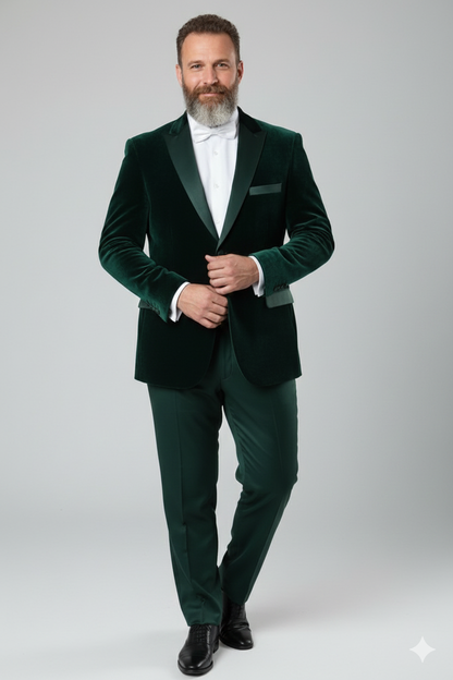 Men’s Dark Green Velvet Tuxedo Dinner Jacket – Slim Fit Formal Blazer with Satin Peak Lapel Lape