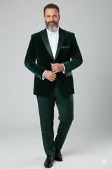 Men’s Dark Green Velvet Tuxedo Dinner Jacket – Slim Fit Formal Blazer with Satin Peak Lapel Lape
