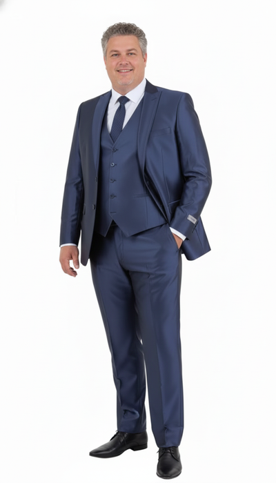 Men’s Navy Blue Shiny Finish 3-Piece Suit Set – Premium Tailored Fit Formal Wedding and Party Sateen Slim Fitted Suit 2   - from alligatorwarehouse.com