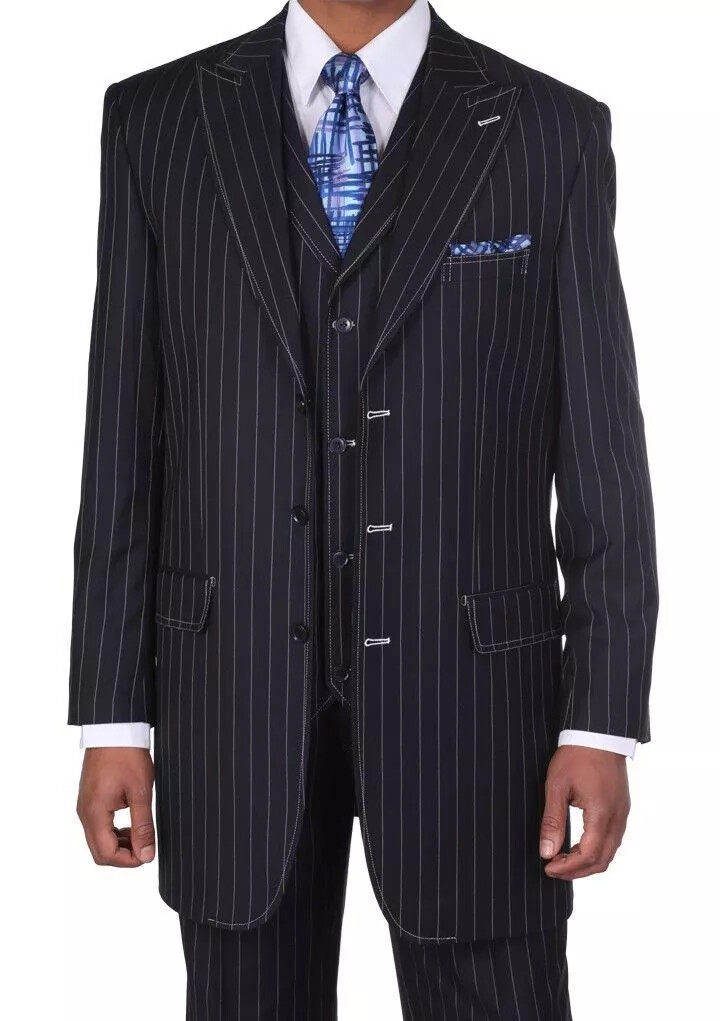 Men's Three Button Suits -  Navy Blue Pinstripe Three-Piece Suit – Classic Business and Formal Wear with Tailored Fit