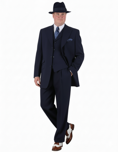 Men’s 1920s Navy Blue Zoot Suit with Fedora Hat and Wingtip Shoes – Classic Gangster 3-Piece Long  - Classic Fit Pleated Pants 2   - from alligatorwarehouse.com