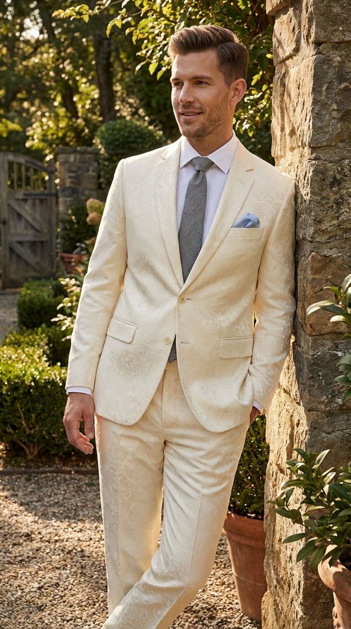 Men’s Ivory Paisley Shiny Suit – Flroal Formal Wedding and Prom Suit for Party, in Cream Off White