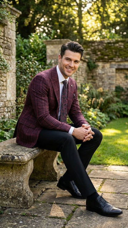 Men’s Burgundy Check Blazer – Windowpane Plaid blazer in Maroon Wine Color