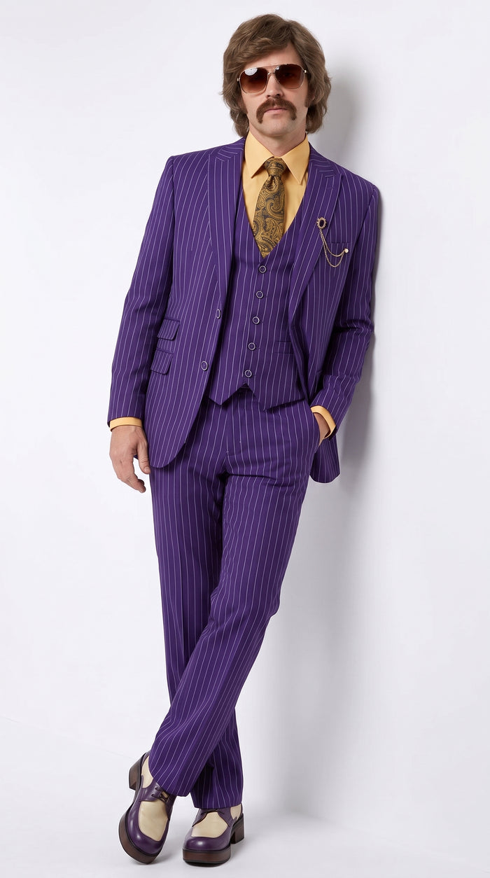 Men’s Purple Pinstripe 3-Piece Suit – 1970s Disco, Pimp, Retro Rockabilly and Party Suit